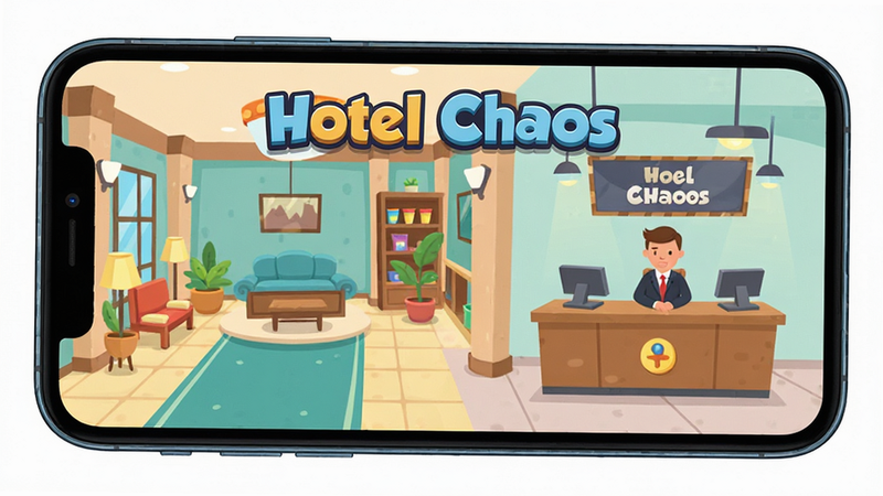 主体为一部智能手机屏幕,显示着“Hotel Chaos”的游戏主界面,布局清晰,左侧是酒店大堂,右侧是服务台,排版整齐,扁平化卡通风格,色彩明亮,细节丰富,画质高清,干净无多余元素,文字“Hotel Chaos”清晰可见