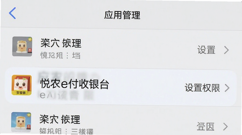 主体为手机设置界面截图,布局显示“应用管理”列表,排版简洁,风格为系统原生灰白,细节高亮显示“悦农e付收银台”选项,画质清晰,干净,无多余元素,文字显示