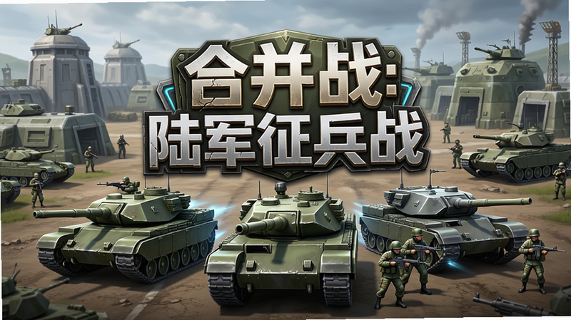 生成一张高清的移动端游戏宣传主视觉图,主体为“合并战:陆军征兵战”游戏Logo,背景是宏大的军事基地场景,前景展示几个正在合并的坦克和士兵3D模型,色彩以军绿和铁灰为主,突出策略感与科技感,画质8k,细节丰富,无多余元素