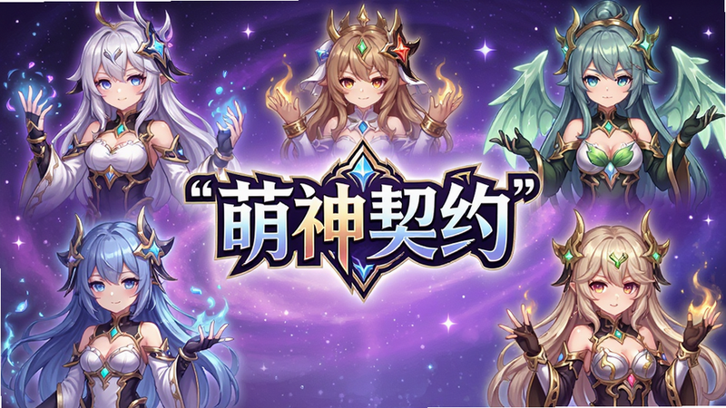 主体为《萌神契约》游戏Logo居中显示,周围环绕着五位不同属性的二次元萌神角色立绘,背景为梦幻紫色渐变星空,布局对称均衡,排版清晰,风格为精致二次元插画风,细节丰富展现角色表情与服饰纹理,画质4k高清,干净无多余元素,文字“萌神契约”加引号