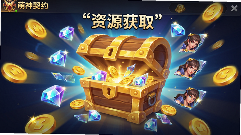 主体为《萌神契约》资源获取界面,中央是一个巨大的金色宝箱正在打开,周围飞出金币、钻石和角色碎片,布局呈辐射状向外扩散,排版突出资源 abundance,风格为喜庆且精致的游戏美术风,细节展现金币闪光与碎片折射,画质明亮,干净,无多余元素,文字“资源获取”加引号