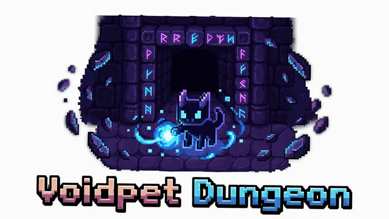 主体为游戏 Voidpet Dungeon 的核心视觉全景图,布局采用中心对称构图,中央展示一只像素风格的虚空宠物正在释放蓝色魔法特效,背景是深邃的暗紫色地牢入口,周围环绕着发光的符文和漂浮的碎片,排版简洁大气,风格为精致的 2.5D 像素艺术,细节丰富,高清晰度,干净背景,无多余元素,文字包含