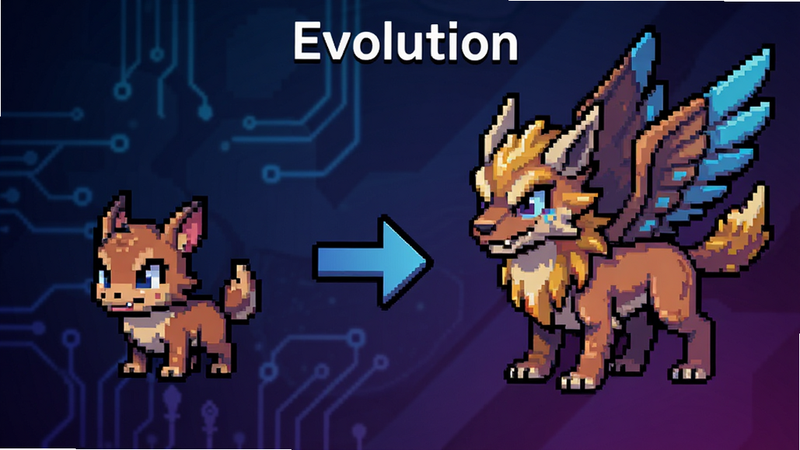 主体为 Voidpet Dungeon 中的宠物进化对比图,布局左侧为小型像素宠物,右侧为大型进化形态,中间有箭头指示进化方向,背景为渐变深色科技风,排版清晰,风格为扁平化像素插画,细节精致,高画质,干净背景,无多余元素,文字包含