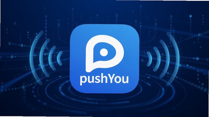 主体为pushYou软件图标,蓝色科技风格背景,布局中心对称,图标位于中央,周围环绕着流动的数据线条和信号波纹,体现推送速度与稳定性,风格现代简约,细节清晰,画质高清,干净无多余元素,文字