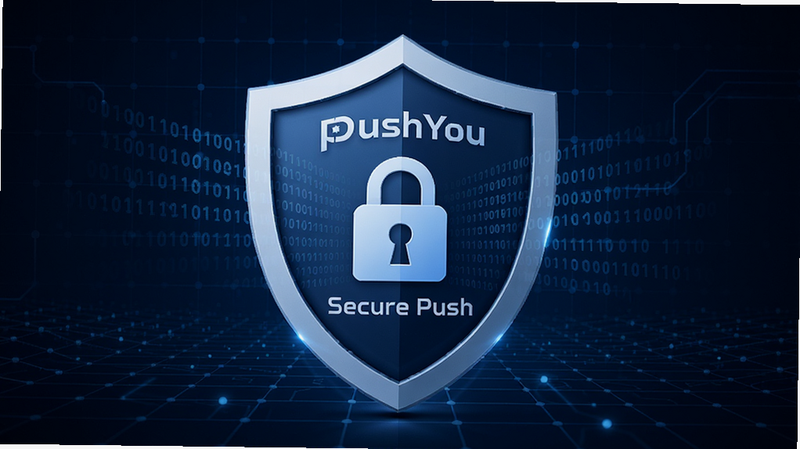 主体为pushYou安全盾牌图标,布局中心突出盾牌,背景为深蓝色科技网格,盾牌内部有锁形图案,象征数据加密,风格严谨专业,细节展示二进制代码流,画质高分辨率,干净,文字
