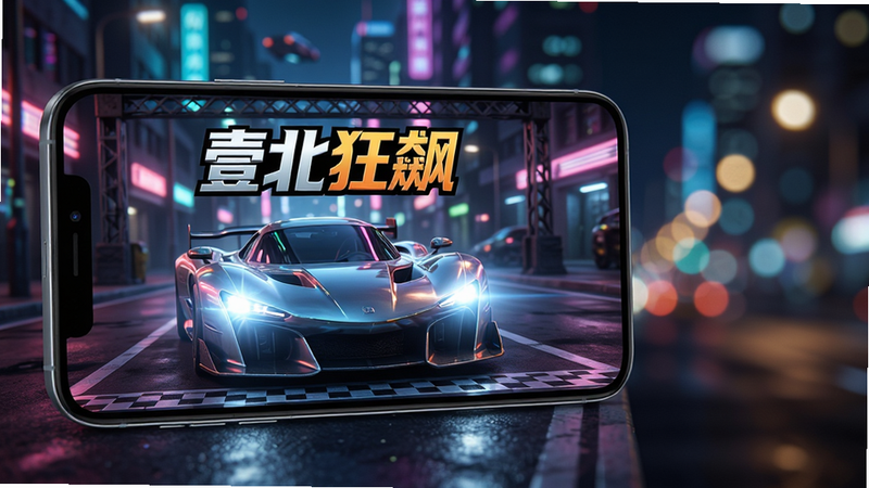 主体为一部智能手机屏幕,屏幕中显示着《壹北狂飙》游戏的启动界面,背景是霓虹闪烁的未来城市街道,一辆流线型赛车停在起跑线上,车头大灯明亮。布局上手机位于画面中央偏左,右侧是模糊的城市夜景光斑。排版简洁,突出游戏Logo“壹北狂飙”。风格为赛博朋克与写实结合,细节丰富,车身有金属反光质感,画质高清,干净,无多余元素,文字“壹北狂飙”清晰可见