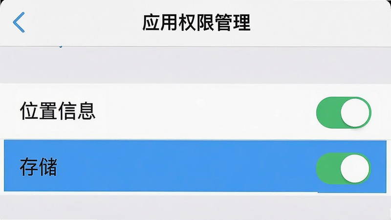 主体是一个手机设置界面的截图风格图像,显示“应用权限管理”页面,其中“位置信息”和“存储”选项被高亮勾选。布局为垂直列表,清晰展示开关状态。排版简洁,UI元素清晰。风格为扁平化设计,细节展示开关的滑块状态和文字标签,画质清晰,干净,无多余元素