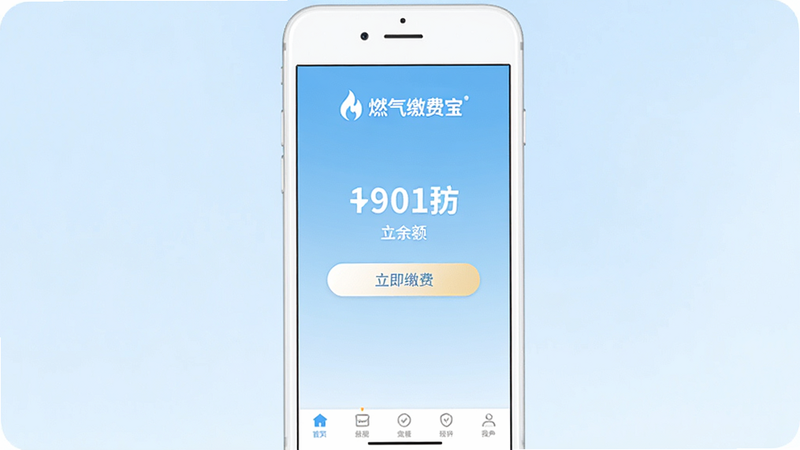 չʾһ����ɫ�����ֻ���Ļ����Ļ����ʾ��ȼ���ɷѱ���App�������棬����Ϊ����ɫ���䣬�����������ġ�ȼ���ɷѱ���Logo���м�������ʾ�����������͡������ɷѡ���ť���ײ��е��������������ִ���Լ�����壬�޶���Ԫ��