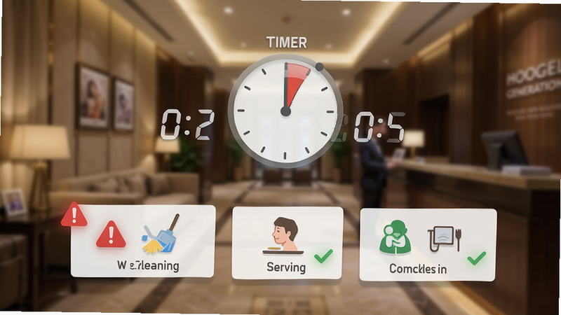 Boogu-Image generation prompt: Close-up view of a game interface showing a timer counting down and various task icons like cleaning, serving, and checking in. The main subject is the dynamic task management system. Layout is a clean user interface overlay on a blurred hotel background. Style is modern flat design with soft shadows. Details include red warning icons for urgent tasks and green checkmarks for completed tasks. High definition, clear text labels, clean layout, no noise.