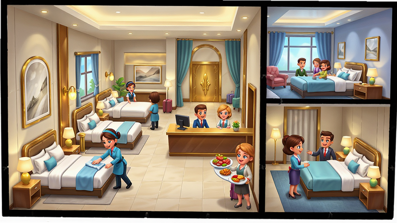 Boogu-Image generation prompt: A vibrant, high-quality digital illustration of a modern luxury hotel lobby and rooms in a cross-section view. The main subject is a busy hotel environment with staff cleaning beds, serving food, and checking in guests. Layout is a wide panoramic shot showing the interior details. Style is semi-realistic 3D mobile game art, clean lines, bright and inviting colors. Details include neat white beddings, shiny golden decor, and happy customer faces. High resolution, sharp focus, no extra clutter, clean background.