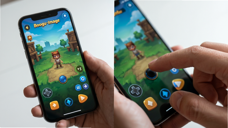 Boogu-Image generation prompt: A split screen showing a smartphone screen with the game interface on the left and a close-up of a hand tapping the screen on the right. The main subject is the mobile gameplay experience. Layout is balanced, with the phone taking up 60% of the space. Style is realistic photography mixed with digital UI elements. Details include clear buttons on the game screen and natural skin texture of the hand. High resolution, soft lighting, clean background, no distractions.