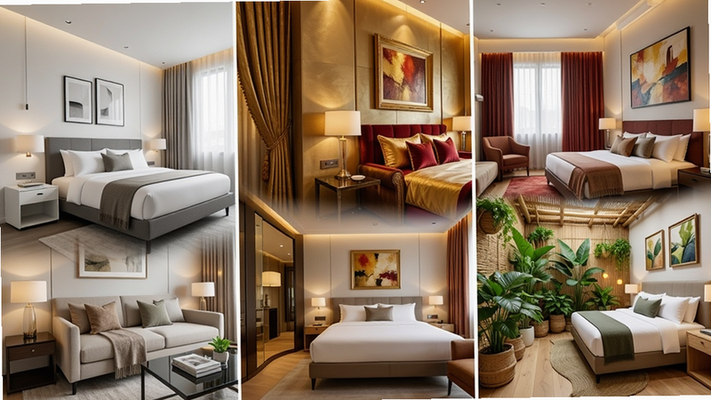 Boogu-Image generation prompt: A collage of different hotel room interior designs. One room is modern minimalist with white and grey tones, another is luxurious gold and red, the third is eco-friendly with plants. The main subject is the variety of customization options. Layout is a grid of three distinct room scenes. Style is bright, cheerful, and detailed. Details show specific furniture items like sofas, lamps, and paintings. High quality, realistic lighting, clean composition, no text.