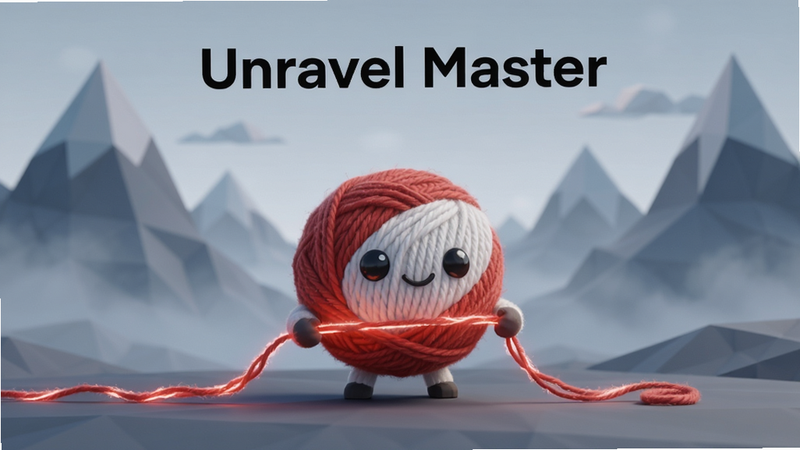 主体为一只红白相间的毛线球小生物 Yarny,位于画面中央,正在拉扯一根发光的红色线团。背景是柔和的蓝灰色低多边形山脉和雾气,光影效果细腻,呈现静谧氛围。布局居中对称,排版简洁,风格为现代极简插画风,细节展现毛线纹理与物理张力,画质高清,干净,无多余元素,文字包含
