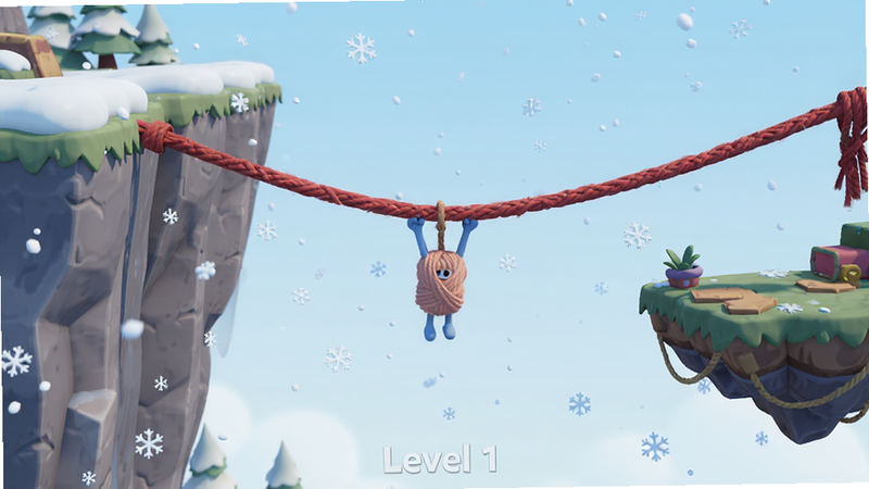 展示 Unravel Master 游戏内的关卡场景,左侧是陡峭的悬崖,右侧是悬浮的平台,中间由一根紧绷的红色线团连接。Yarny 悬挂在线团中间,周围有飘落的雪花粒子。风格为 3D 渲染插画,色彩清新,布局平衡,细节丰富,画质超清,干净,无多余元素,底部有隐约的