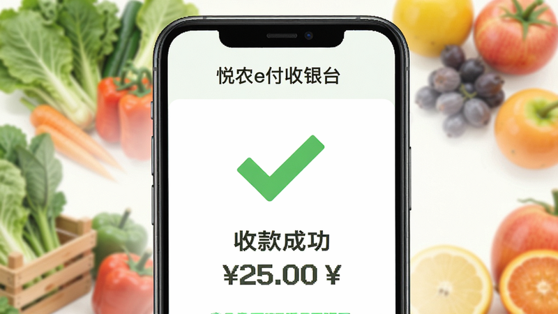 模拟一个手机屏幕,屏幕上显示“悦农e付收银台”的收款成功页面,大大的绿色对勾图标,文字显示“收款成功 25.00”,背景隐约可见新鲜蔬菜和水果的元素,暗示农业应用场景,扁平化设计风格,色彩明亮,高清
