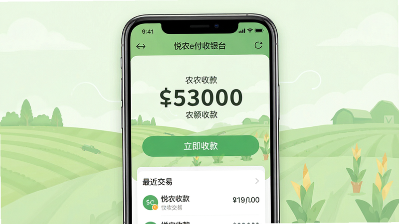 一张高清的手机应用界面展示图,主体是“悦农e付收银台”APP的首页,背景为简洁的浅绿色农业风格,界面中央显示巨大的收款金额数字,下方有清晰的“立即收款”按钮和最近交易列表,整体布局整洁,色彩清新,体现农业与科技结合的感觉,4k画质,干净无多余元素
