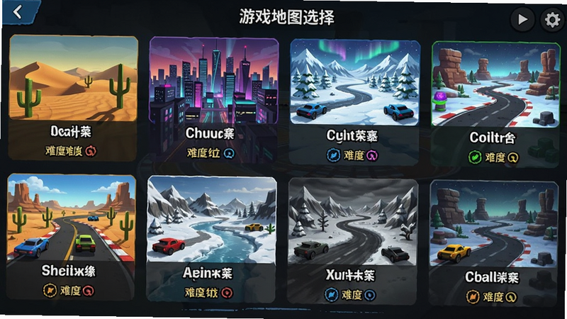 游戏地图选择界面,展示不同风格的赛道缩略图,如沙漠、城市、雪地等,每个缩略图下方有赛道名称和难度标识,布局整齐,色彩丰富,体现游戏内容的多样性
