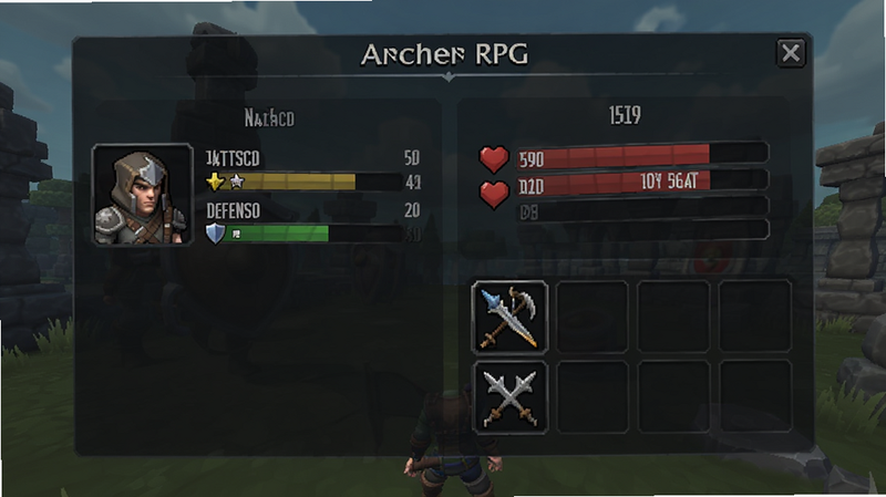 Nether Craft:Archer RPG 的角色属性面板界面截图,显示攻击力、防御力、生命值和装备栏,背景为半透明的深色UI,主体为界面,布局整齐,排版清晰,风格为现代游戏UI设计,细节锐利,画质清晰,干净,无多余元素
