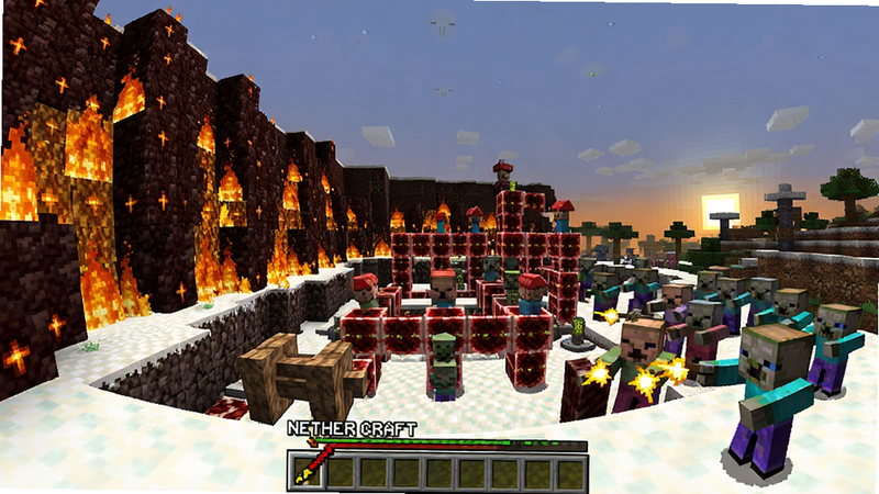 Nether Craft:Archer RPG中的下界场景全景,左侧是燃烧的下界岩墙壁,右侧是正在攻击的僵尸猪灵群,中间是复杂的红石机关布局,主体为环境,布局广阔,排版平衡,风格为写实像素风,细节丰富,画质极高,干净,无多余元素