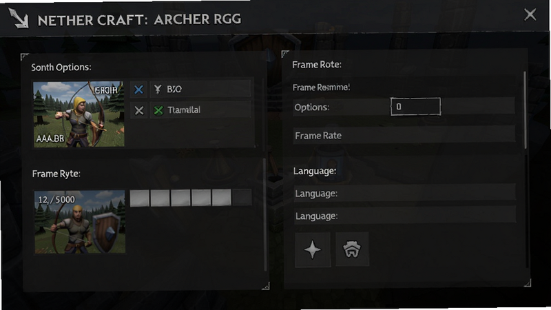 Nether Craft:Archer RPG 的设置界面截图,显示画质选项、帧率模式和语言设置,背景为深色,主体为UI界面,布局清晰,排版规范,风格为简洁现代,细节可见,画质清晰,干净,无多余元素