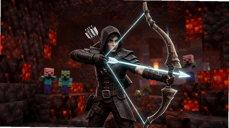 一张展示Nether Craft:Archer RPG游戏核心画面的概念图,主体为一名身穿深色皮甲、手持发光长弓的弓箭手角色,背景是充满红石方块和下界岩的像素风格洞穴,远处有僵尸猪灵敌人,布局居中,排版简洁,风格为高保真游戏艺术,细节丰富,画质4K,干净,无多余元素