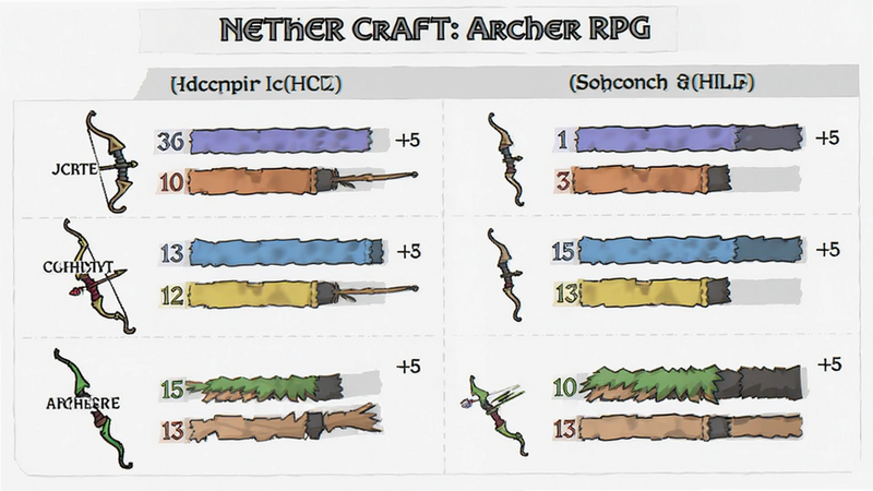 Nether Craft:Archer RPG 的装备属性对比图,显示不同弓的数值差异,主体为数据图表,布局清晰,排版专业,风格为信息可视化,细节准确,画质高清,干净,无多余元素