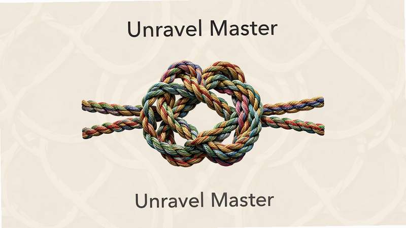 Unravel Master 游戏主界面,主体为中央一个复杂的彩色绳结,背景为淡雅的米白色,布局居中对称,排版整洁,风格简约现代,细节丰富展示线条质感,画质高清,干净,无多余元素,文字“Unravel Master”清晰可见