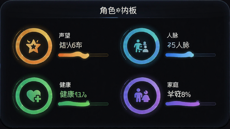 角色属性面板,四个圆形进度条分别标注