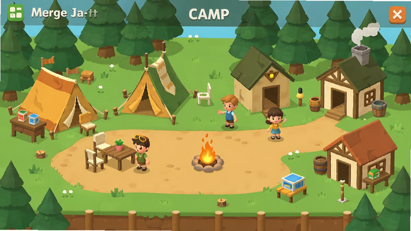 Merge Camp 游戏主界面展示,主体为温馨的营地全景,布局包含左侧合成区域、右侧营地建筑区,排版整洁,风格为卡通扁平化,细节丰富如帐篷、桌椅、角色,画质高清,干净,无多余元素