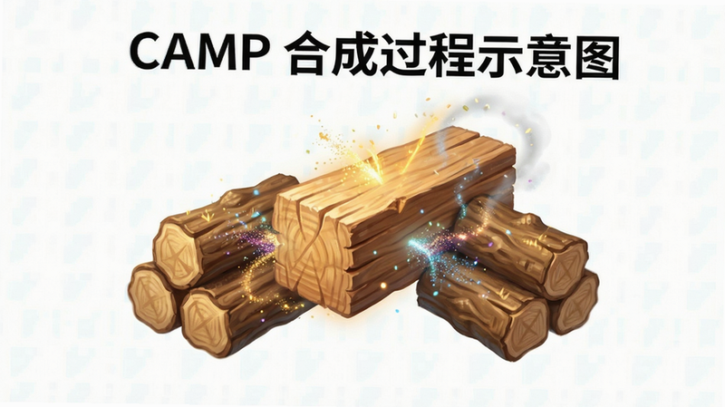 Merge Camp 合成过程示意图,主体为两个木柴合成为一块木材,布局中心聚焦合成动作,风格明亮,细节展示粒子特效,画质清晰,干净,无多余元素