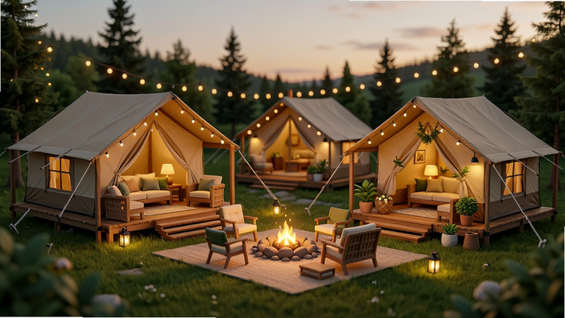Merge Camp 营地建设场景,主体为已布置完成的豪华营地,布局包含各种家具与装饰,风格温馨舒适,细节展示光影效果,画质精致,干净,无多余元素