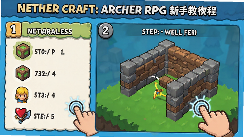 主体为Nether Craft:Archer RPG新手教程界面,展示建造基础墙壁的步骤。布局为分步图解,左侧为材料列表,右侧为建造动画。排版清晰,步骤编号明显。风格为简洁卡通风,色彩明亮。细节处可见手指点击屏幕的图标。画质清晰,干净无杂乱背景。