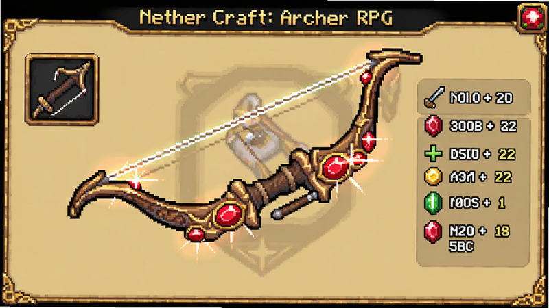 主体为Nether Craft:Archer RPG装备界面,展示一把镶嵌着红色宝石的豪华长弓。布局为中心聚焦,弓身细节清晰。排版简洁,旁边显示属性加成数值。风格为华丽像素风,光效绚丽。细节处可见宝石的光芒和弓弦的张力。画质高清,干净无其他干扰元素。
