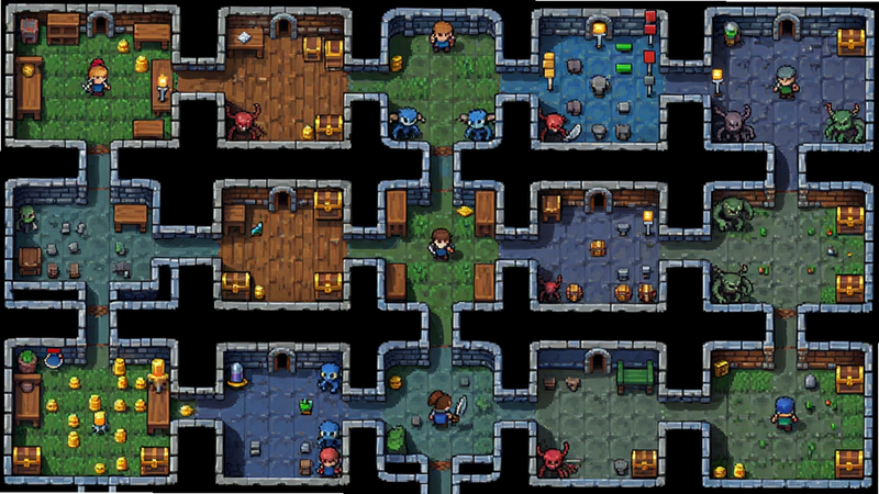 主体为Nether Craft:Archer RPG地牢地图全景,展示错综复杂的通道和房间。布局为俯视视角,清晰展示房间连接关系。排版规整,房间内部可见家具和怪物分布。风格为像素风,色彩丰富但不过于鲜艳。细节处可见地上的金币和宝箱。画质清晰,干净无遮挡。