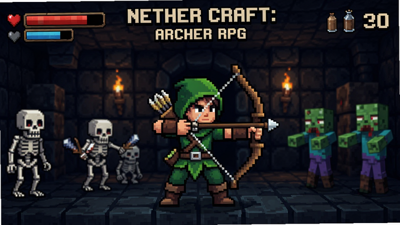 主体为Nether Craft:Archer RPG游戏主界面,画面中央展示一名手持长弓的像素风格猎人,背景是昏暗的地牢场景,周围环绕着骷髅和僵尸怪物。布局采用中心构图,突出角色动作。排版清晰,左侧显示生命值条,右侧显示弹药数量。风格为高清像素艺术,细节丰富,光影效果逼真。画质4k,干净无多余元素,文字标签清晰可见。