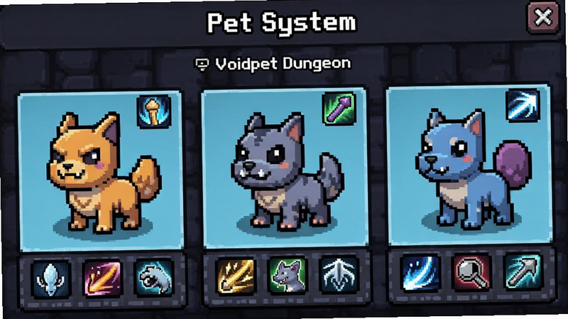 ����ΪVoidpet Dungeon����ѡ����棬����չʾ��ֻ��ͬ��̬�ĳ������棬���Ϊ��ͨ���أ�ϸ��ͻ�����＼��ͼ�꣬�����������ɾ�����Ӱ���ţ����ֱ�ǩ