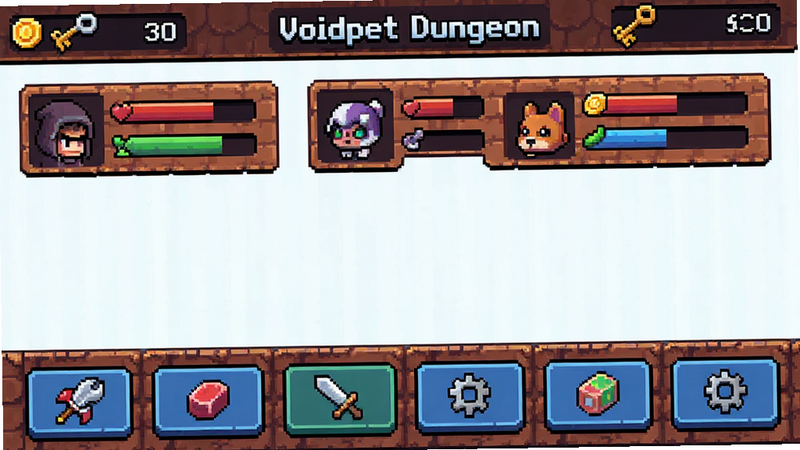 ����ΪVoidpet Dungeon��Ϸ�����棬��������չʾ��ɫ�����״̬����������ʾ�����Կ���������ײ�Ϊ������ť�������Ϊ��������������ϸ�ڷḻ�����ʸ��壬�ɾ��޶���Ԫ�أ����ֱ�ǩ