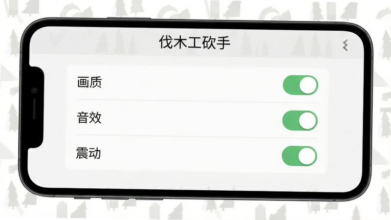主体为手机屏幕界面展示游戏设置菜单,布局清晰,排版整齐,风格为现代简约UI设计,细节显示画质、音效、震动等开关选项,画质高清,干净,无多余元素,文字包含“伐木工砍手”