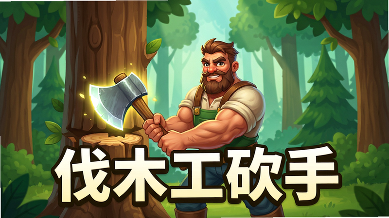 主体为一款名为“伐木工砍手”的手机游戏宣传海报,布局居中,排版简洁大气,风格为清新自然的卡通插画风,细节展示一位肌肉发达的伐木工手持发光斧头准备砍树,背景是郁郁葱葱的森林,画质高清,干净,无多余元素,文字包含“伐木工砍手”