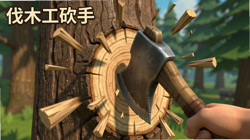 主体为游戏内点击砍树的特写镜头,布局聚焦于斧头与树干接触点,排版紧凑,风格为写实与卡通结合,细节展现木屑飞溅的动态效果,画质清晰,干净,无多余元素,文字包含“伐木工砍手”