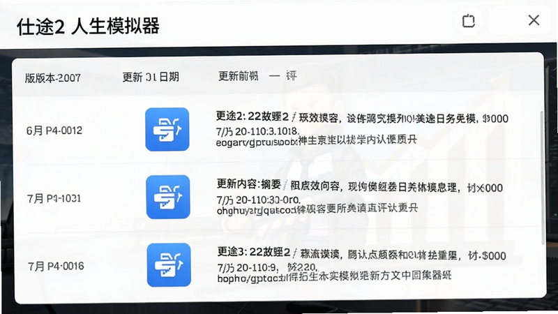主体为《仕途2人生模拟器》版本更新日志界面,布局为列表形式,显示版本号、更新日期、更新内容摘要,风格为简洁的列表UI,细节处有新功能图标,画质清晰,无多余装饰,文字信息完整