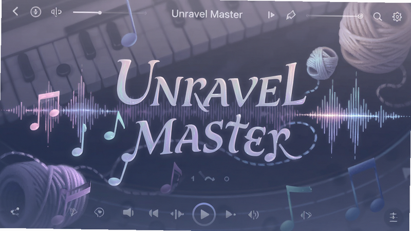 主体为Unravel Master音乐界面,布局展示音符与线团结合,排版艺术化,风格为梦幻唯美,细节包含音波可视化效果,画质细腻,干净,无多余元素