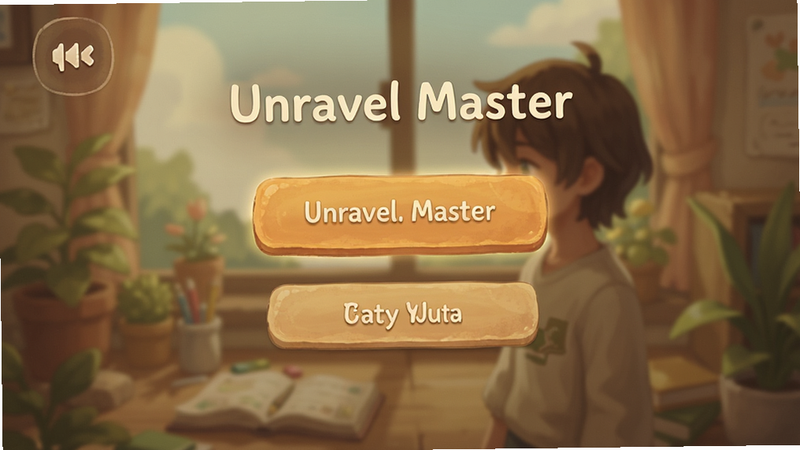 主体为Unravel Master游戏主菜单,布局简洁明了,排版突出核心按钮,风格为温暖治愈,细节包含背景模糊处理,画质高保真,干净,无多余元素