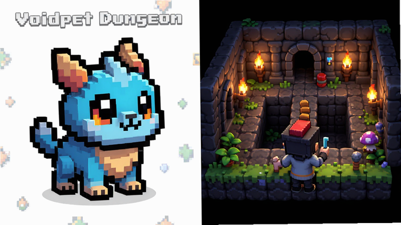 ����Ϊһ����ΪVoidpet Dungeon���ֻ���Ϸ����ͼ�����ֲ������ҷָ���չʾһֻ�ɰ������ط�����ɫ���Ҳ�չʾ���γ������Ű����࣬���Ϊ2.5D��ͨ��Ⱦ��ϸ�ڷḻ�����ʸ��壬�ɾ����޶���Ԫ��