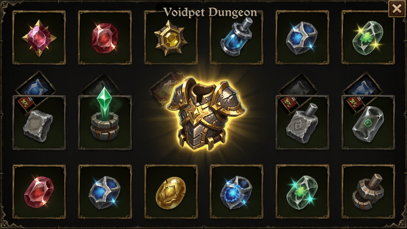 ����ΪVoidpet Dungeonװ��չʾ���棬����Ϊ����״���У�������һ�����Ž��Ĵ���װ������Χɢ���Ÿ��ֱ�ʯ��ǿ�����ϣ��Ű����򣬷��Ϊ����ݻ���ϸ��չ�ֽ������󣬻��ʸ��壬�ɾ����޶���Ԫ��