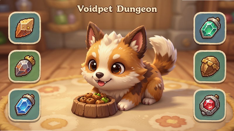 ����ΪVoidpet Dungeon��Ϸ�ڵĳ������ɽ��棬����������һֻ���ڽ�ʳ�Ŀɰ������Χ�����Ÿ��ֵ���ͼ�꣬�Ű����������Ϊ��ܰ��ͨ��ϸ��չ�ֳ���ë���ʸУ�����ϸ�壬�ɾ����޶���Ԫ��