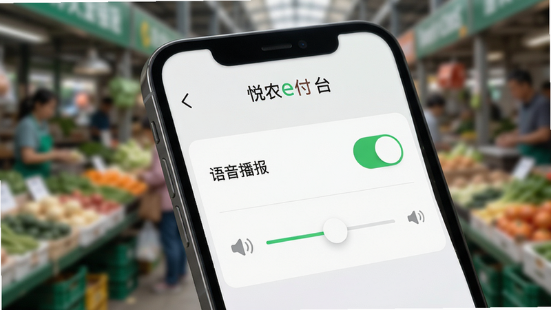 手机界面特写,显示悦农e付收银台的语音播报设置页面,突出