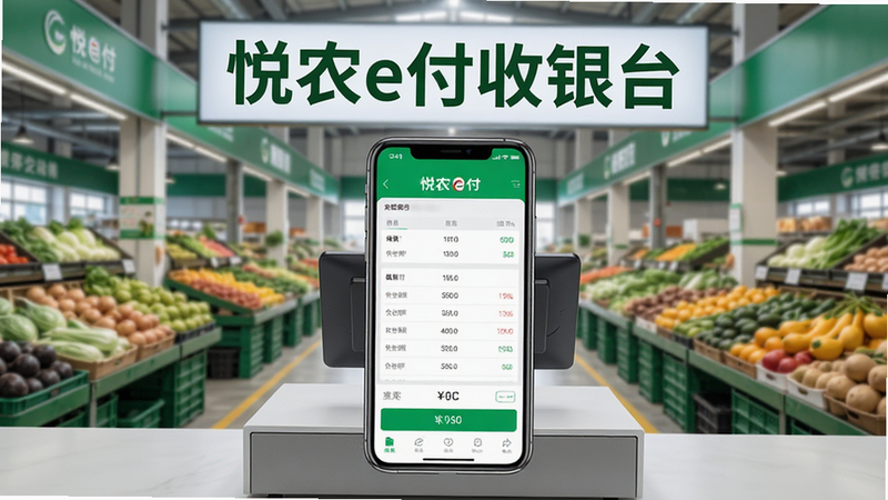 一张展示悦农e付收银台核心全貌的概念图,主体为手机屏幕显示清晰的收银界面,背景是现代化的农产品批发市场,包含
