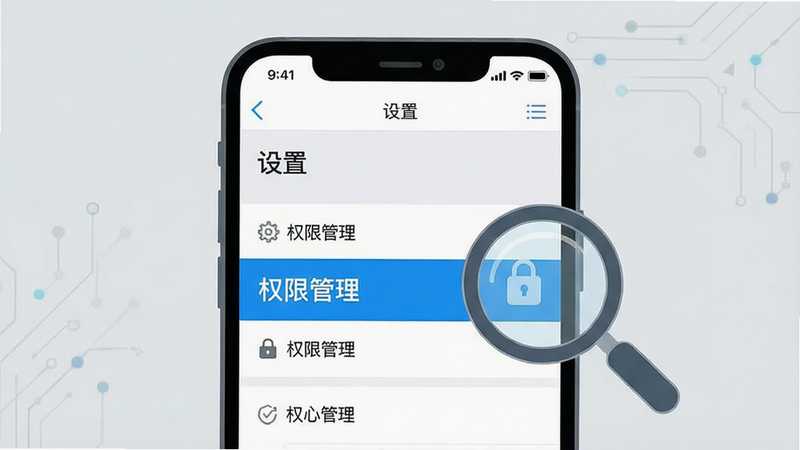 一张扁平化信息图,主体是一个手机屏幕,显示着“设置”页面,重点高亮显示“权限管理”选项,旁边有一个放大镜图标指向该选项,背景为浅灰色,布局清晰,排版简洁,风格科技感,细节准确,画质清晰,干净,无多余元素
