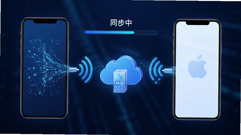 雷电Claw数据传输界面概念图,主体为两个手机通过无线信号连接云端服务器,布局对称,排版简洁,风格科技感蓝色调,细节包含数据流粒子效果,画质高清,干净,无多余元素,文字